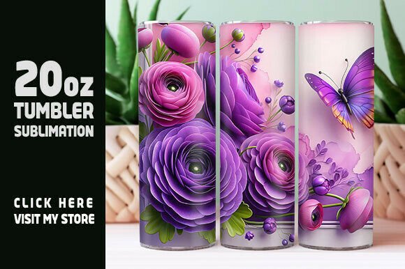 3D Purple Flowers Butterfly Tumbler Wrap: A Vibrant Graphic Design Asset for Content Creators