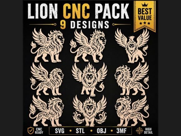 9 Winged Lion Floral CNC 3D Pack for Crafts and Graphics