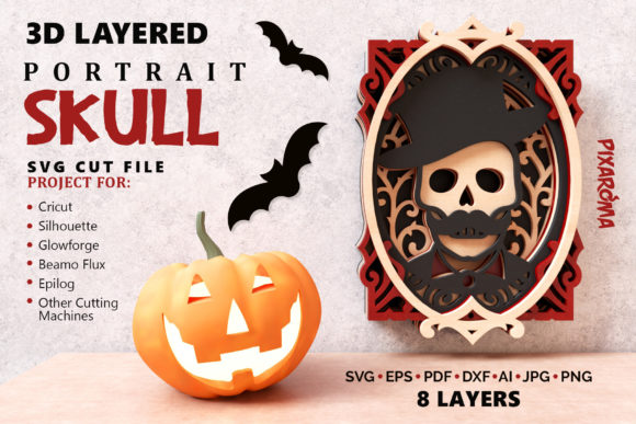 Skull Portrait 3D Layered SVG Cut File for Laser Cutting in Autumn Amp